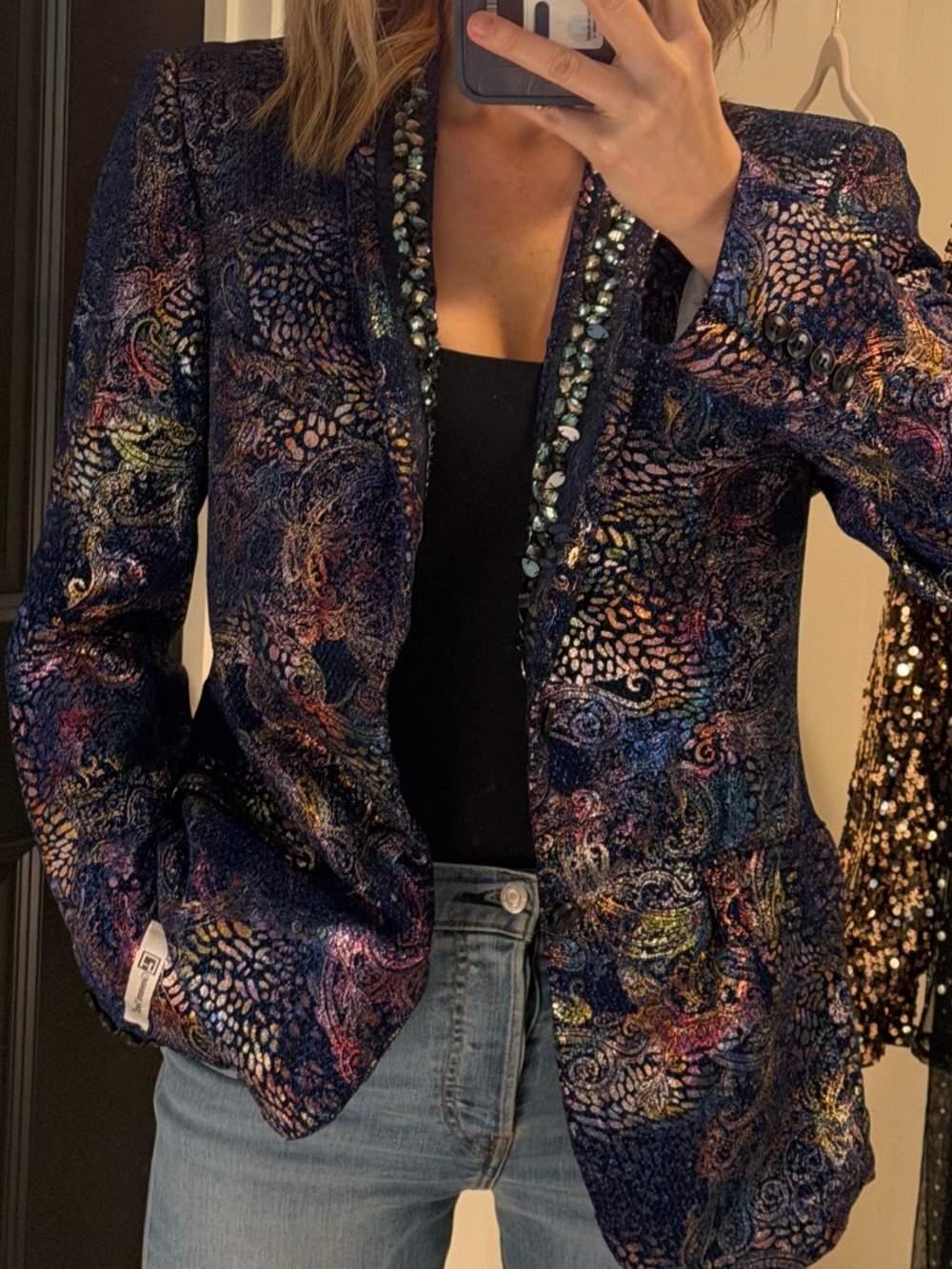 Giovanni Testi Iridescent Metallic Brocade Blazer Jewel Tone Embellished Collar